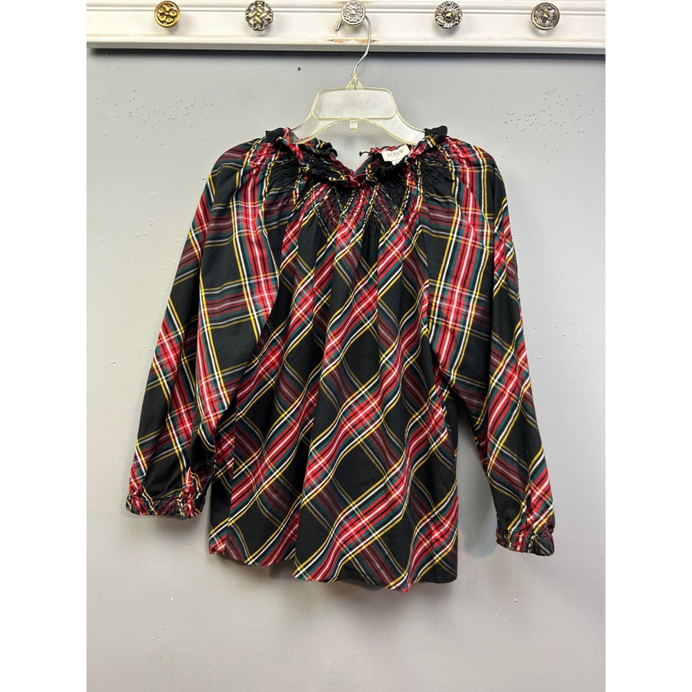 J.Crew Plaid Blouse Women XXS Black Red Smocked Ruffle Neck Tartan Long Sleeve